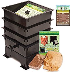 Worm Factory DS3BT 3-Tray Worm Composting Bin + Bonus “What Can Red Wigglers Eat?” Infographic Refrigerator Magnet – Vermicomposting Container System – Live Worm Farm Starter Kit for Kids & Adults