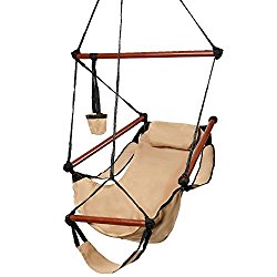 Z ZTDM Hammock Hanging Chair, Air Deluxe Sky Swing Seat with Pillow and Drink Holder Solid Wood Indoor/Outdoor Garden Patio Yard 250lbs (Tan)