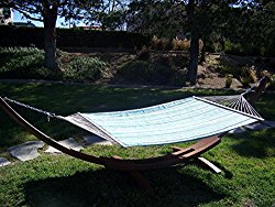 Petra Leisure 14 Ft. Water Treated Wooden Arc Hammock Stand + Premium Quilted, Double Padded Hammock Bed. 2 Person Bed. 450 LB Capacity (Coffee Bean Stain/Teal & Yellow Stripe)