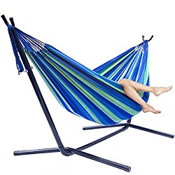 Sorbus Double Hammock with Steel Stand Two Person Adjustable Hammock Bed – Storage Carrying Case Included (Blue/Green)