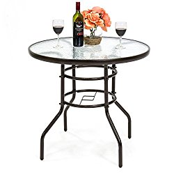 Best Choice Products 32in Round TemperedGlass Patio Dining Bistro Table w/Umbrella Stand -Dark Brown