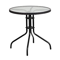 Flash Furniture 28” Round Tempered Glass Metal Table with Black Rattan Edging