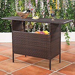 Giantex Outdoor Patio Rattan Wicker Bar Counter Table with 2 Steel Shelves, 2 Sets of Rails Garden Patio Furniture, Brown