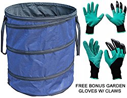 Omni Extra Large Heavy Duty Portable Pop-Up Collapsible Yard & Garden Carry-All/Trash Can With Travel Case And Free Bonus Garden Gloves With Claws (BLUE)