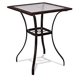 TANGKULA Patio Table with Shower Glass Top, Rattan Wicker Square Bar Table Garden Outdoor Yard