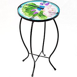 CEDAR HOME Side Table Outdoor Garden Patio Metal Accent Desk with Round Hand Painted Glass, Blue