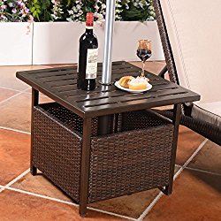Custpromo Outdoor Patio Rattan Wicker Steel Side Deck Table Bistro Table With Umbrella Hole