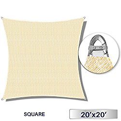 Windscreen4less A-Ring Reinforcement Large Sun Shade Sail 20′ x 20′ Rectangle Super Heavy Duty Strengthen Durable(260GSM)-Galvanized Cable Enhanced-Beige/7 Year Warranty