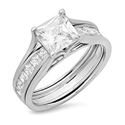 3.6 Ct Princess Cut Pave Halo Bridal Engagement Wedding Anniversary Ring Band Set 14K White Gold, Clara Pucci