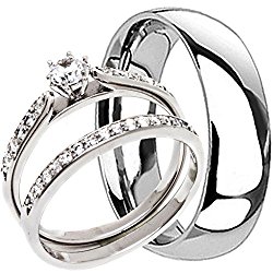 3 Pieces Men’s and Women’s, His & Hers, 925 Genuine Solid Sterling Silver & Titanium Engagement Matching Wedding Anniversary Ring Set
