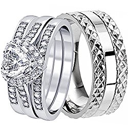 4 Pieces Men’s and Women’s, His & Hers, 925 Genuine Heart Cut Sterling Silver & Pyramid Edge Titanium Engagement Matching Wedding Ring Set
