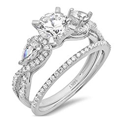 Clara Pucci 1.9 CT Round And Pear Cut Pave Halo Bridal Engagement Wedding Ring band set 14k White Gold