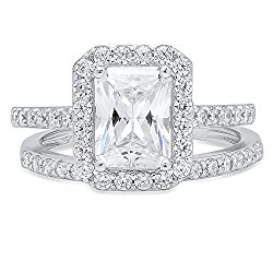 Clara Pucci Emerald Cut Solitaire Pave Halo Bridal Engagement Wedding Ring band set 14k White Gold, 2.05CT