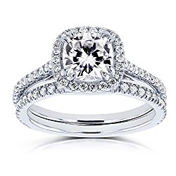 Cushion Forever One (D-E-F) Moissanite and Diamond 1-1/2ct TGW Halo Bridal Set in 14k White Gold