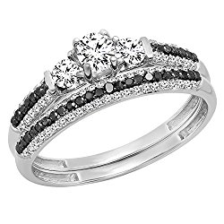 DazzlingRock Collection 10K Gold White Sapphire, Black & White Diamond 3 Stone Bridal Engagement Ring Set