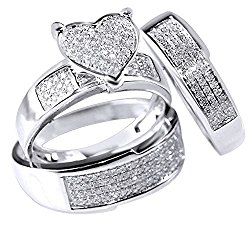 Jewel Zone US White Natural Diamond Heart Trio Wedding Ring Set In 14k Solid Gold (0.75 Ct)