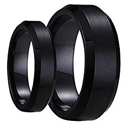 Swinger Black Ring Set His & Her’s Matching 6mm / 8mm Black Brushed Center with Polished Edge Tungsten Carbide Wedding and engagement bridal Band Set
