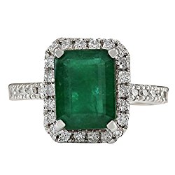 3.61 Carat Natural Green Emerald and Diamond (F-G Color, VS1-VS2 Clarity) 14K White Gold Engagement Ring for Women Exclusively Handcrafted in USA