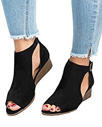 Maybest Womens Low Heel Ankle Buckle Wedge Sandals Cut Out Cushioned Strap Bootie Boots