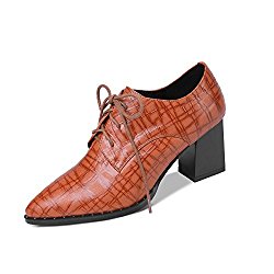 Nine Seven Genuine Leather Women’s Pointed Toe Cover Heel Embossing Handmade Oxford Shoes