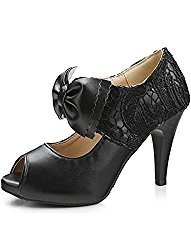 Seoia Women’s Elegant Lace Cut Out Peep Toe Slip On High Heels Sandals Shoes with Bow 08212F