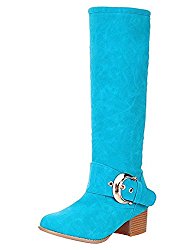 Seoia Women’s Sexy Buckled Mid Chunky Heels Knee High Boots Slip On Long Riding Booties 0631D
