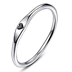 Avecon Solid 925 Sterling Silver Simple Carve Heart Shape Wedding Band Stackable Promise Ring for Her