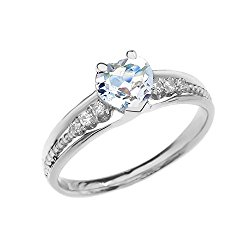 Dazzling 14k White Gold Diamond And Aquamarine Birthstone Heart Beaded Promise Ring