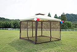 GOJOOASIS Metal Gazebo Outdoor 2-Tier Canopy Party Tent with Mesh Sidewalls 10×10 Beige & Brown