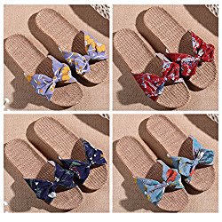 JUIOKK Women’s Non-slip Yarn Slippers Indoor Bedroom Thick Sole Home Shoes Bowknot Floral Linen Slippers