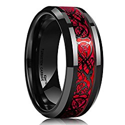 King Will Men’s 8mm Red Carbon Fiber Black Celtic Dragon Tungsten Carbide Ring Comfort Fit Wedding Band