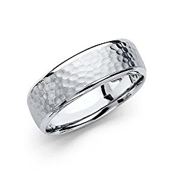 Wellingsale 14k White Gold Polished Satin 7MM Hammered Center Comfort Fit Wedding Band Ring