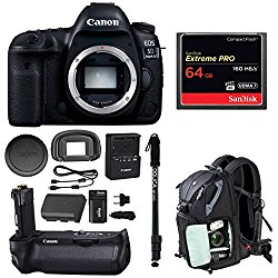 Canon EOS 5D Mark IV Full Frame Digital SLR (Body Only) with Canon Battery Grip BG-E20 + Sandisk 64GB Extreme Pro Compact Flash Memory Card + Monopod, Camera Backpack and Double Battery Bundle