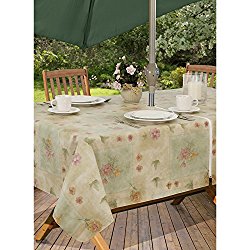 Peony Patch Flannel Backed Indoor Outdoor Vinyl Table Linens, 60-Inch by 84-Inch Oblong (Rectangle) with Umbrella Hole and Zipper, Sage