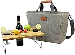 INNO STAGE 40L Large Insulated Cooler Tote, XL Portable Wine Carrier Bag Picnic Cooler Bag with Portable Bamboo Wine Snack Table – Beige with 2 Positions