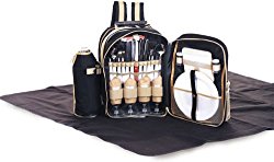 4 Person Picnic Complete Backpack 31 pcs with Waterproof Blanket, Thermal insulated cooler, 2 Wine bottle holders Tremont by Picnic Plus