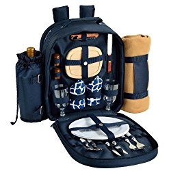 Picnic at Ascot – Deluxe Equipped 2 Person Picnic Backpack with Cooler, Insulated Wine Holder & Blanket – Trellis Blue