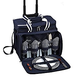 Picnic at Ascot Equipped Picnic Cooler with Service for 4 on Wheels – Navy