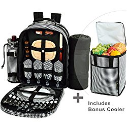 Picnic at Ascot Original Equipped Backpack for 4 with Blanket – Extra Bonus Cooler – Designed & Assembled in California – Houndstooth