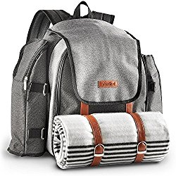 VonShef 4 Person Premium Outdoor Picnic Backpack Bag With Blanket – Woven Grey Waterproof Finish, Includes 29 Piece Dining Set & Insulated Cooler Compartment to Keep Food Chilled