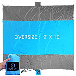 Outdoor Beach blanket Sand Sandproof, Oversized 9′ x 10′ for Picnic Hiking Camping, Quick Drying Lightweight and Durable, Made of 100% Parachute Nylon, Includes Four Stakes & Sand Anchors, Completely