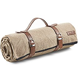 VonShef Large Picnic Blanket Mat, Large Soft Fleece Blanket with Faux Leather Carrier Handle and Waterproof Lining, for Outdoor Picnics, Beach, Camping – Herringbone Pattern