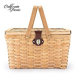 Picnic Basket | Wood Chip Design | Red and White Gingham Pattern Lining | Strong Wooden Folding Handles | Features a Leather Strap Metal Lock for Safety | Natural Eco Friendly Woven Woodchip Basket