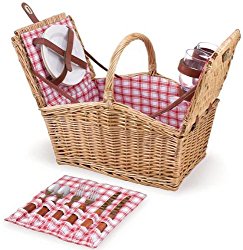 Picnic Time Piccadilly Willow Picnic Basket for Two People, with Plates, Wine Glasses, Cutlery, and Corkscrew – Red/White Plaid