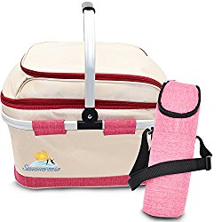 summerease Insulated Collapsible Picnic Basket With Extra Wine Bag By Lightweight & Foldable Cooler Bag For Grocery, Car, Camping, Hiking Or Laundry | Two Spacious Main Compartments