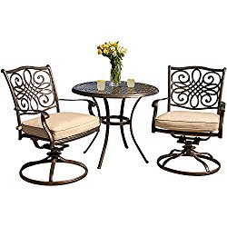 Hanover TRADITIONS3PCSW Traditions 3-Piece Deep-Cushioned Outdoor Bistro Set, Includes 2 Deep Cushioned Swivel-Rockers and 32-Inch Round Bistro Table