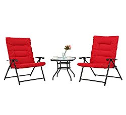 PHI VILLA Patio 3 PC Padded Folding Chair Set Adjustable Reclining Indoor Outdoor Furniture, Red