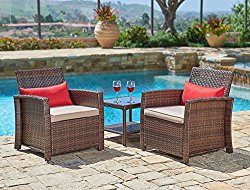Suncrown Outdoor Furniture Wicker Chairs with Glass Top Table (3-Piece Set) All-Weather | Thick, Durable Cushions with Washable Covers | Porch, Backyard, Pool or Garden