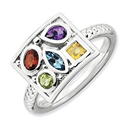 2.5mm Rhodium Plated Sterling Silver Multi Colored Gemstones Fashion Anniversary Ring Band