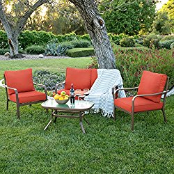Best Choice Products 4-Piece Cushioned Patio Furniture Conversation Set w/Loveseat, 2 Chairs, Coffee Table – Red